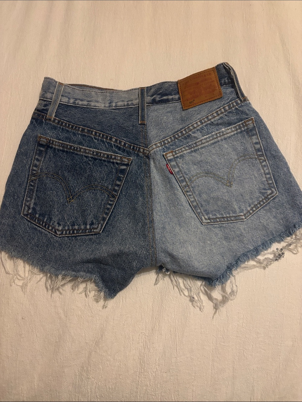 501 Levi's Two-Tone Distressed Denim Shorts - Blue - Picture 2 of 3